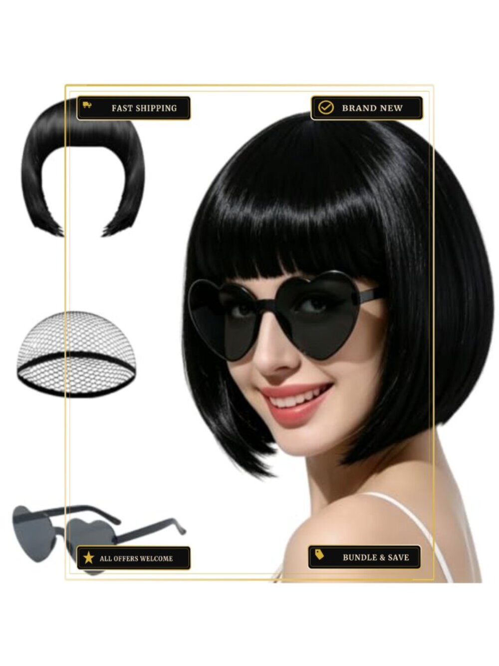 Heat Resistant Synthetic Bob Wig with Sunglasses & Wig Cap